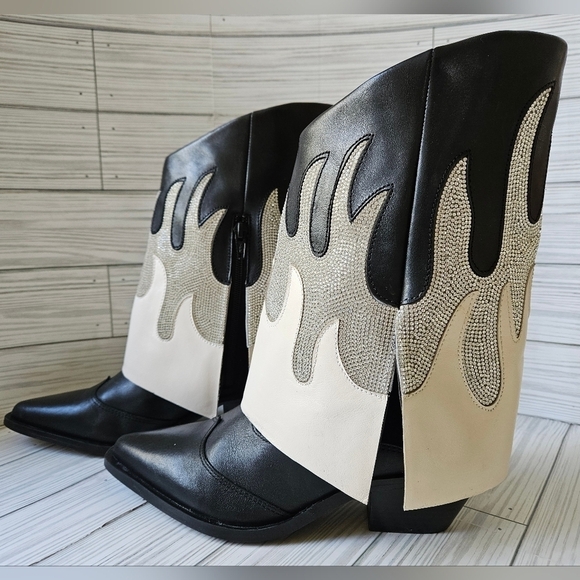 Gianni Bini ConleyTwo Western Rhinestone Flame Foldover Boot in Black Silver Sz6 - Picture 8 of 16